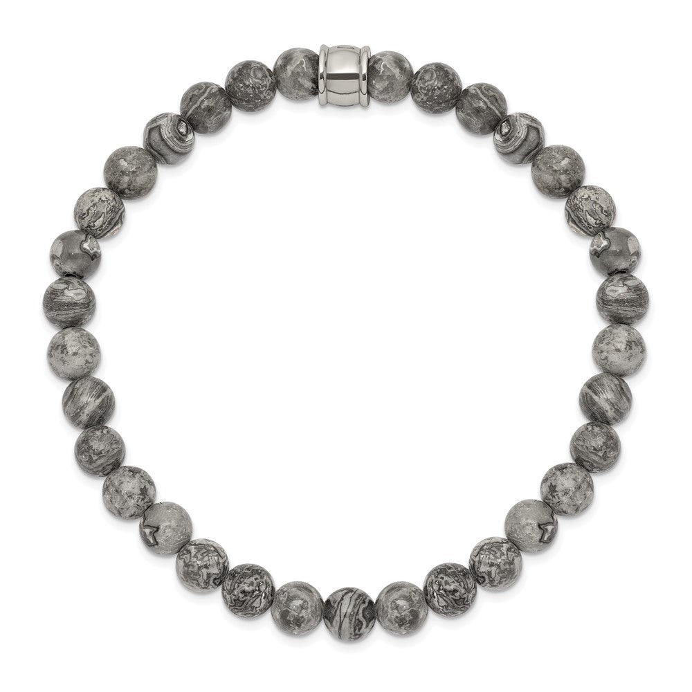 Chisel Stainless Steel Polished 6mm Grey Jasper Beaded Stretch Bracelet SRB2521