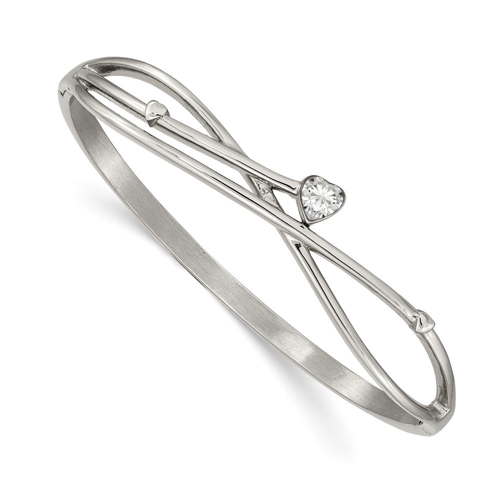 Chisel Stainless Steel Polished Heart CZ Hinged Bangle SRB2587