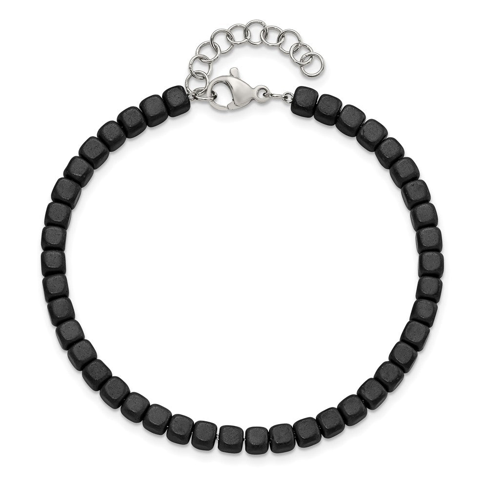 Chisel Stainless Steel Brushed and Polished Square Hematite Beaded 7 inch Bracelet with 1.25 inch Extension SRB2605-7