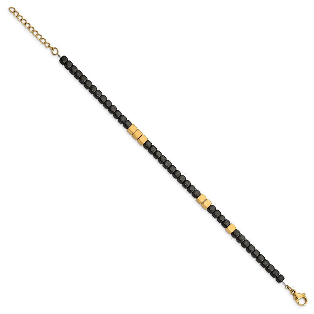 Chisel Stainless Steel Brushed Yellow IP-plated with Square Hematite Beads 7 inch Bracelet with 1.25 inch Extension SRB2606-7