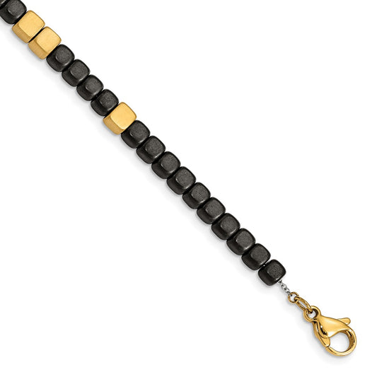 Chisel Stainless Steel Brushed Yellow IP-plated with Square Hematite Beads 7 inch Bracelet with 1.25 inch Extension SRB2606-7