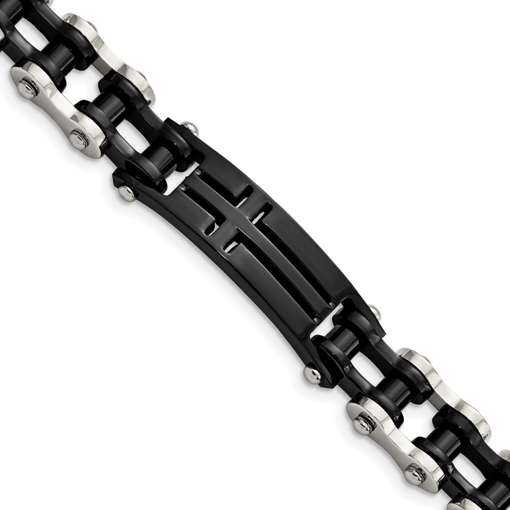 Chisel Stainless Steel Polished Black IP-plated 9 inch Cross ID Bracelet SRB2646-9