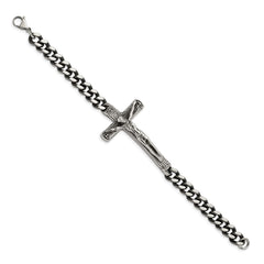 Chisel Stainless Steel Antiqued and Polished Crucifix 8.75 inch Bracelet SRB2651-8.75