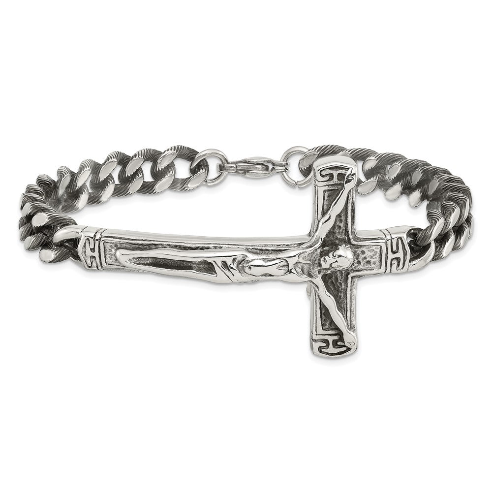 Chisel Stainless Steel Antiqued and Polished Crucifix 8.75 inch Bracelet SRB2651-8.75
