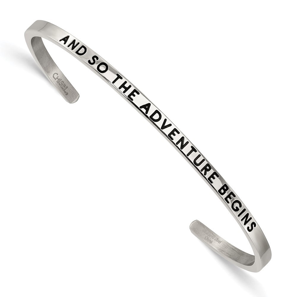 Chisel Stainless Steel Polished and Enameled with Crystal AND SO THE ADVENTURE BEGINS 3mm Bangle SRB2673