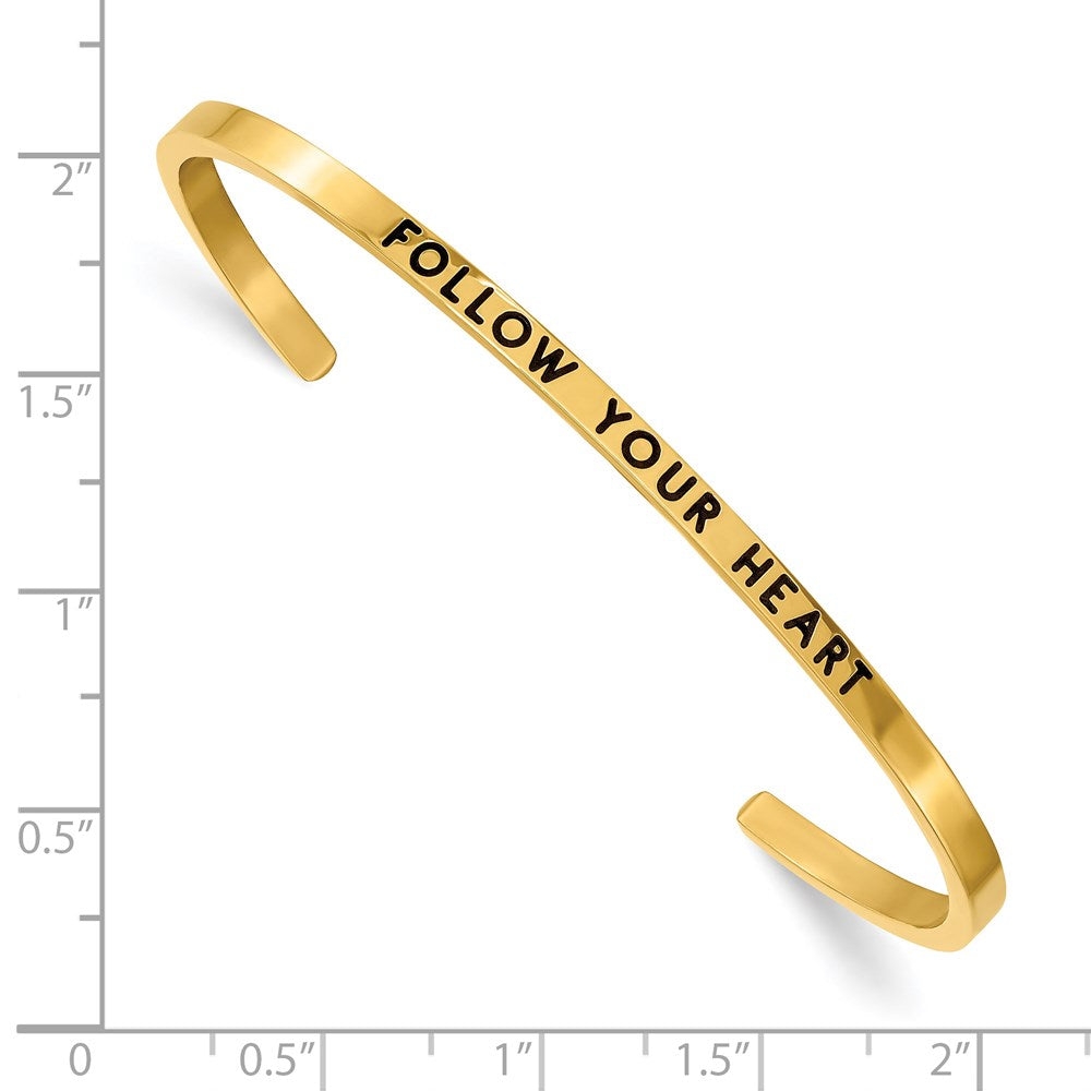 Chisel Stainless Steel Polished Yellow IP-plated and Enameled with Crystal FOLLOW YOUR HEART 3mm Cuff Bangle SRB2678