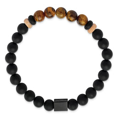 Chisel Stainless Steel Brushed Black IP-plated 8mm Black Agate and Tiger's Eye Beaded Stretch Bracelet SRB2710