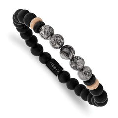 Chisel Stainless Steel Brushed Black IP-plated 8mm Black Agate and Grey Jasper Beaded Stretch Bracelet SRB2712