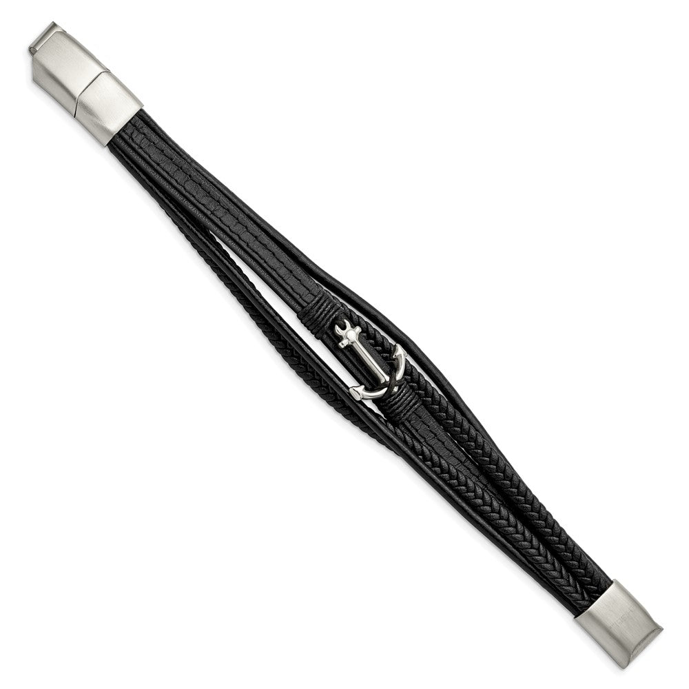 Chisel Stainless Steel Polished Anchor Black PU Leather 7.75 inch Bracelet with .5 inch Extension SRB2714-7.75