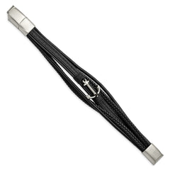 Chisel Stainless Steel Polished Anchor Black PU Leather 7.75 inch Bracelet with .5 inch Extension SRB2714-7.75