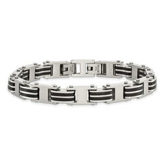 Chisel Stainless Steel Brushed and Polished with Black Rubber 7.75 inch Link Bracelet with .5 inch Extension SRB2717-7.75