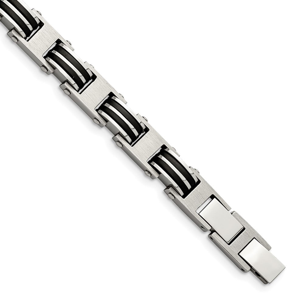Chisel Stainless Steel Brushed and Polished with Black Rubber 7.75 inch Link Bracelet with .5 inch Extension SRB2717-7.75