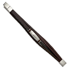 Chisel Stainless Steel Brushed Multi Strand Brown PU Leather and Rubber 8 inch ID Bracelet with .5 inch Extension SRB2718-8