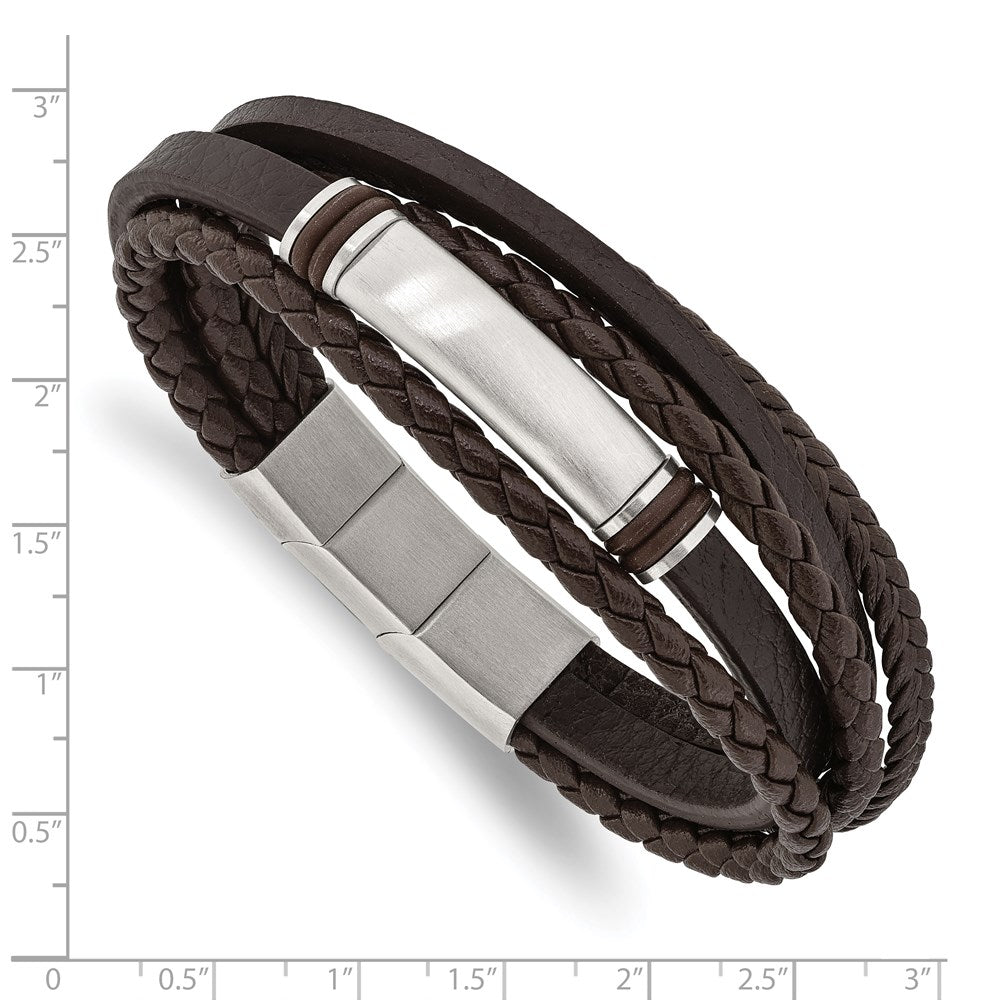 Chisel Stainless Steel Brushed Multi Strand Brown PU Leather and Rubber 8 inch ID Bracelet with .5 inch Extension SRB2718-8