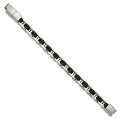 Chisel Stainless Steel Brushed with Black PU Leather 7.75 inch Bracelet with .5 inch Extension SRB2720-7.75