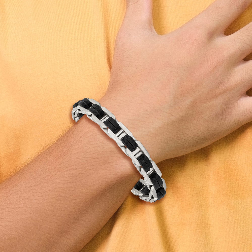 Chisel Stainless Steel Brushed with Black PU Leather 7.75 inch Bracelet with .5 inch Extension SRB2720-7.75