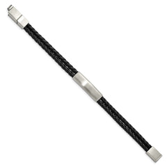 Chisel Stainless Steel Brushed Braided Black Leather Multi Strand 8 inch Plus .5 inch Extenstion Bracelet SRB2722-8