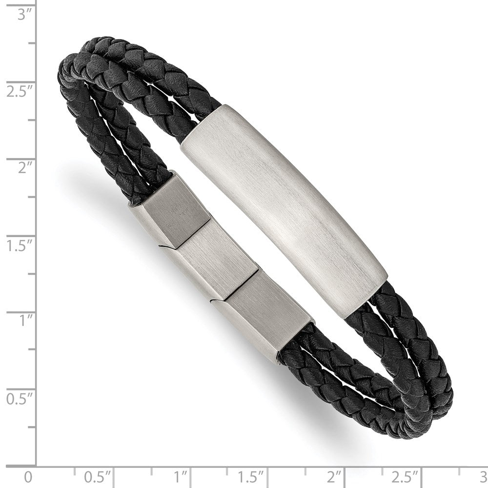 Chisel Stainless Steel Brushed Braided Black Leather Multi Strand 8 inch Plus .5 inch Extenstion Bracelet SRB2722-8