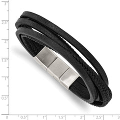 Chisel Stainless Steel Polished Multi Strand Black PU Leather 8 inch Bracelet with .5 inch Extension SRB2724-8
