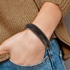 Chisel Stainless Steel Polished Multi Strand Brown PU Leather 8 inch Bracelet with .5 inch Extension SRB2725-8