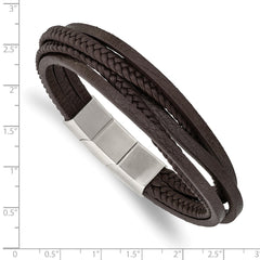 Chisel Stainless Steel Polished Multi Strand Brown PU Leather 8 inch Bracelet with .5 inch Extension SRB2725-8