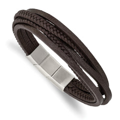 Chisel Stainless Steel Polished Multi Strand Brown PU Leather 8 inch Bracelet with .5 inch Extension SRB2725-8