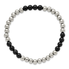 Chisel Stainless Steel Polished 6mm Black Onyx Beaded Stretch Bracelet SRB2734