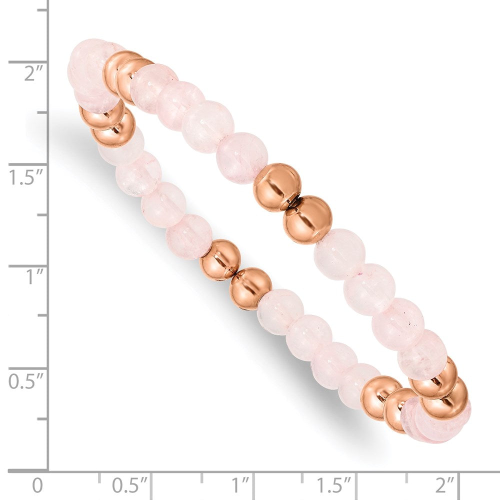Chisel Stainless Steel Polished Rose IP-plated 6mm Pink Quartz Beaded Stretch Bracelet SRB2738