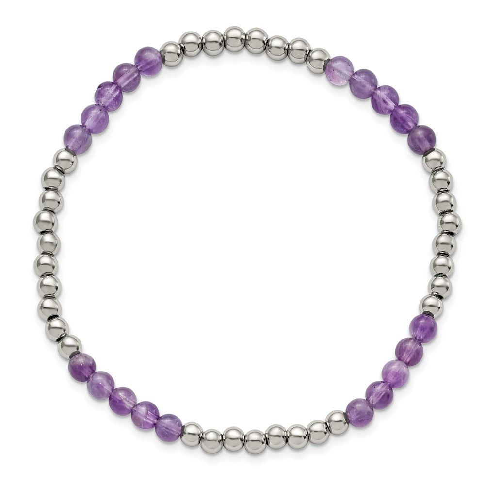 Chisel Stainless Steel Polished 4mm Purple Zebra Amethyst Beaded Stretch Bracelet SRB2740