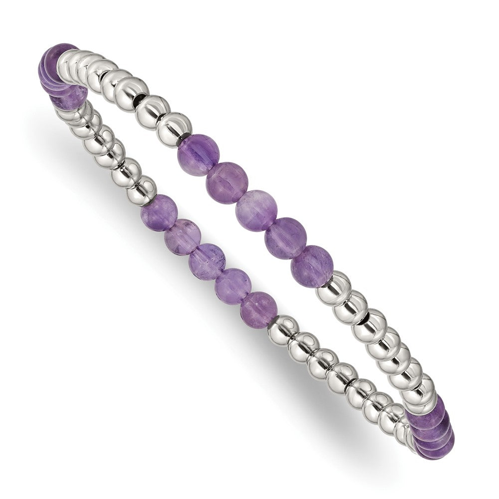 Chisel Stainless Steel Polished 4mm Purple Zebra Amethyst Beaded Stretch Bracelet SRB2740
