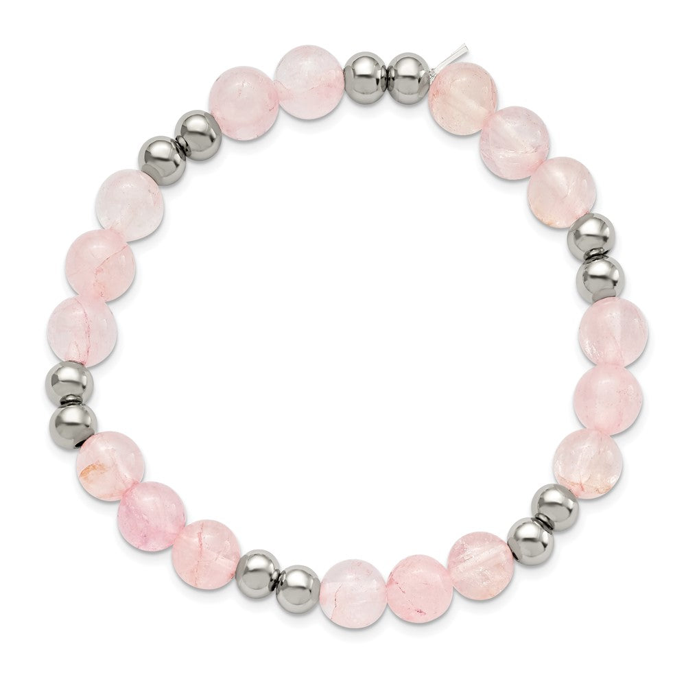 Chisel Stainless Steel Polished 6-8mm Pink Quartz Beaded Stretch Bracelet SRB2746