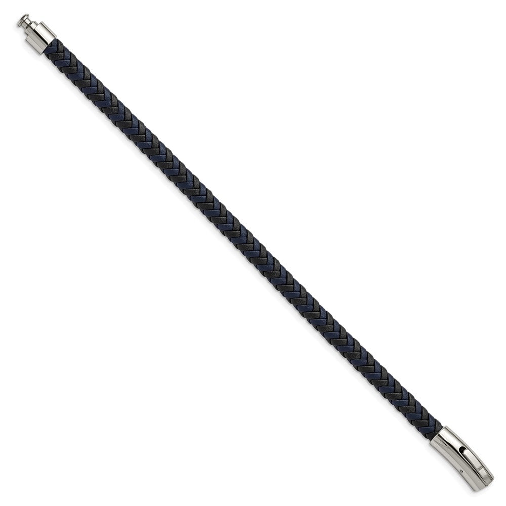 Chisel Stainless Steel Polished Black and Blue Braided Leather 8.25 inch Bracelet SRB2760-8.25