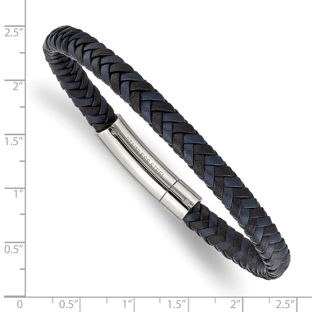 Chisel Stainless Steel Polished Black and Blue Braided Leather 8.25 inch Bracelet SRB2760-8.25