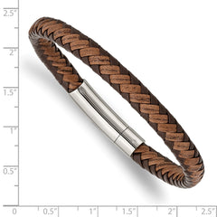 Chisel Stainless Steel Polished Brown Braided Leather 8.25 inch Bracelet SRB2762-8.25
