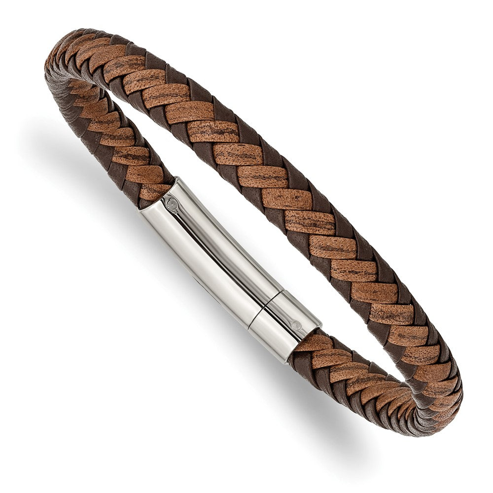 Chisel Stainless Steel Polished Brown Braided Leather 8.25 inch Bracelet SRB2762-8.25