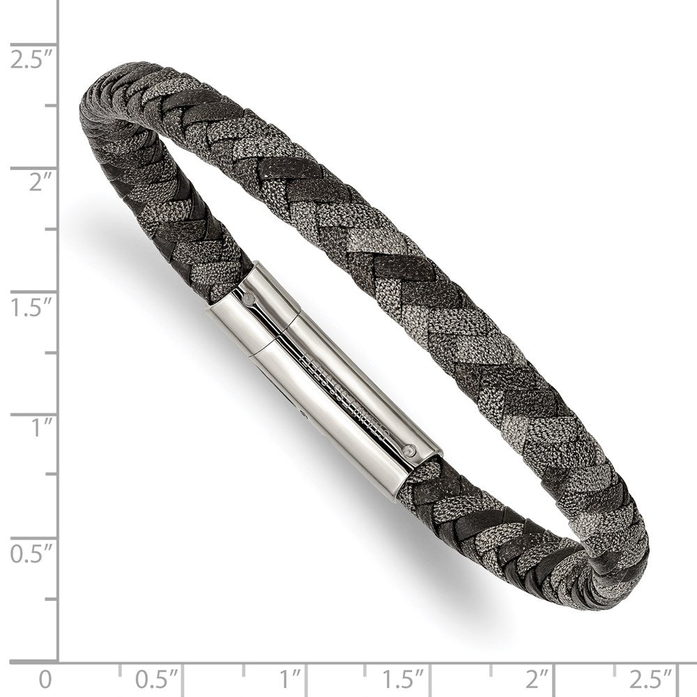 Chisel Stainless Steel Polished Black and Grey Braided Leather 8.25 inch Bracelet SRB2763-8.25