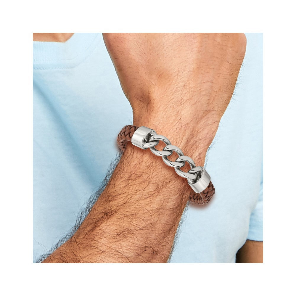 Chisel Stainless Steel Polished Chain and Braided Brown Leather 8.25 inch Bracelet SRB2764-8.25
