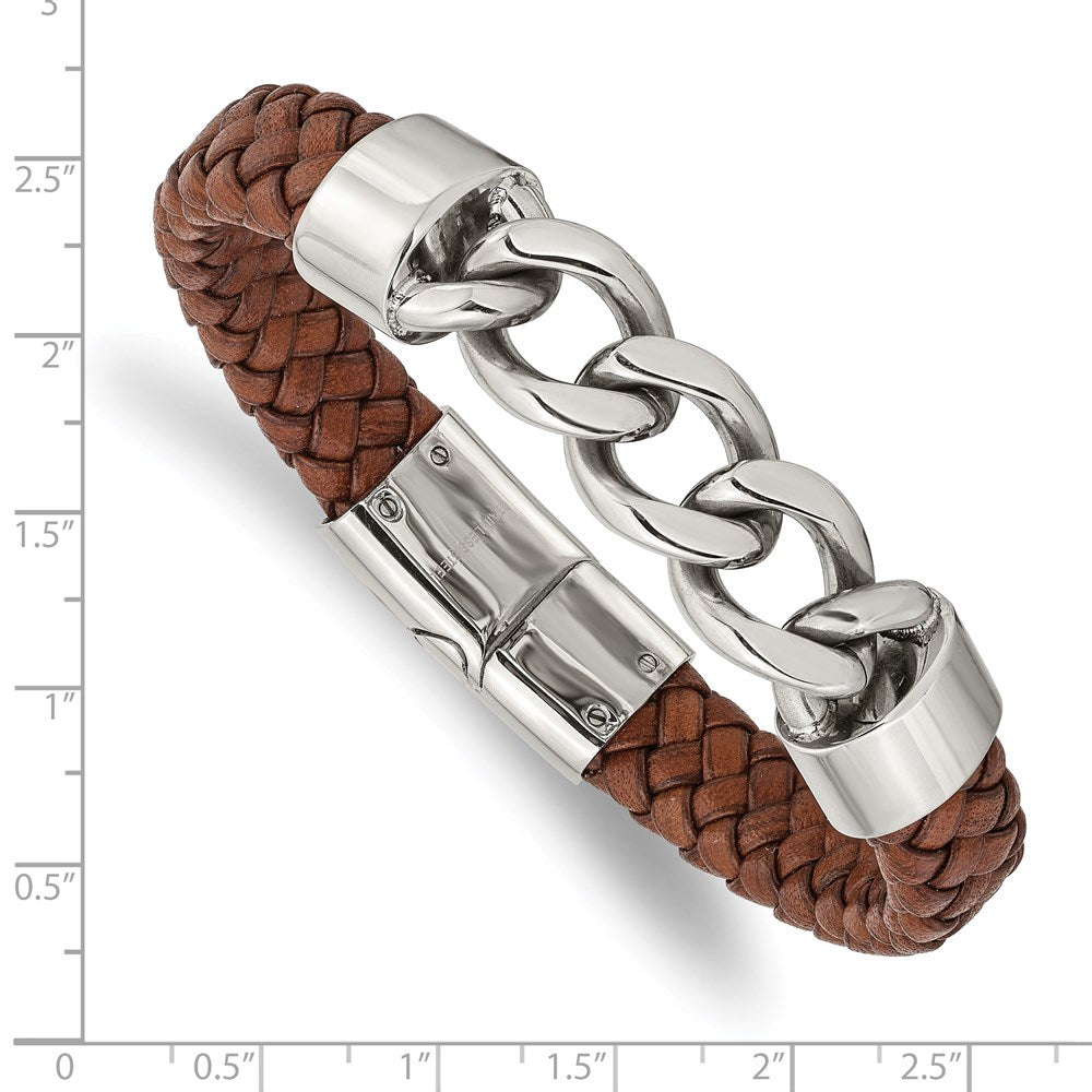 Chisel Stainless Steel Polished Chain and Braided Brown Leather 8.25 inch Bracelet SRB2764-8.25