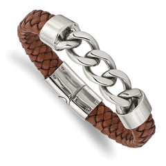 Chisel Stainless Steel Polished Chain and Braided Brown Leather 8.25 inch Bracelet SRB2764-8.25