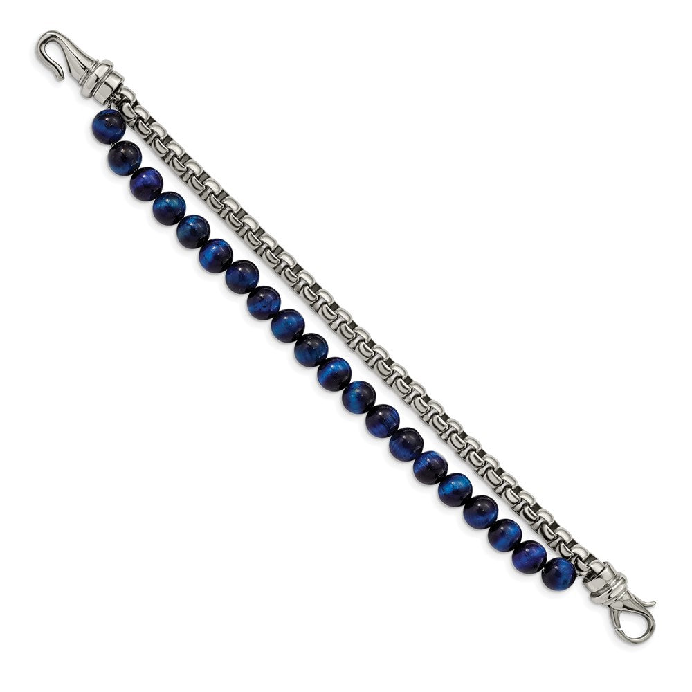 Chisel Stainless Steel Polished Box Chain and Blue Tiger's Eye Beads 2 Strand 8.5 inch Bracelet SRB2771-8.5