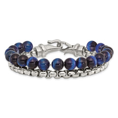Chisel Stainless Steel Polished Box Chain and Blue Tiger's Eye Beads 2 Strand 8.5 inch Bracelet SRB2771-8.5