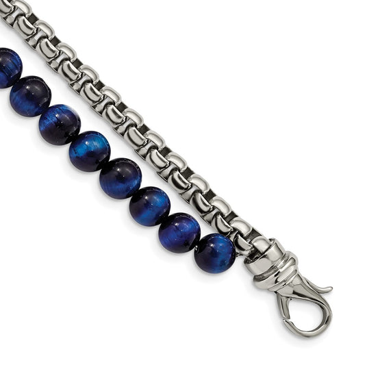 Chisel Stainless Steel Polished Box Chain and Blue Tiger's Eye Beads 2 Strand 8.5 inch Bracelet SRB2771-8.5