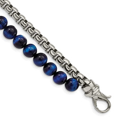 Chisel Stainless Steel Polished Box Chain and Blue Tiger's Eye Beads 2 Strand 8.5 inch Bracelet SRB2771-8.5