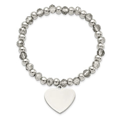 Chisel Stainless Steel Polished Heart Dangle 6mm Grey Glass Beaded Stretch Bracelet SRB2801
