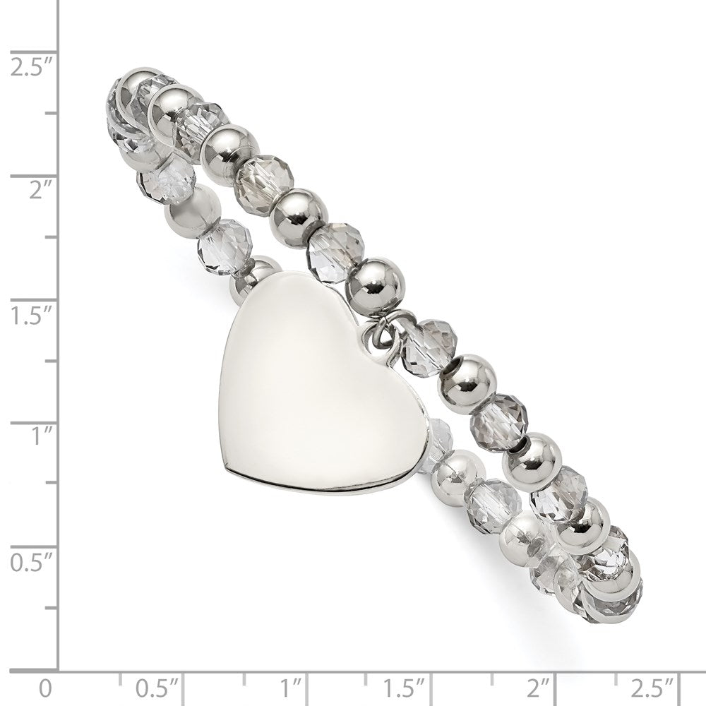 Chisel Stainless Steel Polished Heart Dangle 6mm Grey Glass Beaded Stretch Bracelet SRB2801