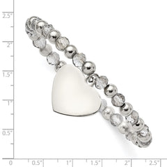 Chisel Stainless Steel Polished Heart Dangle 6mm Grey Glass Beaded Stretch Bracelet SRB2801