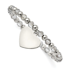 Chisel Stainless Steel Polished Heart Dangle 6mm Grey Glass Beaded Stretch Bracelet SRB2801