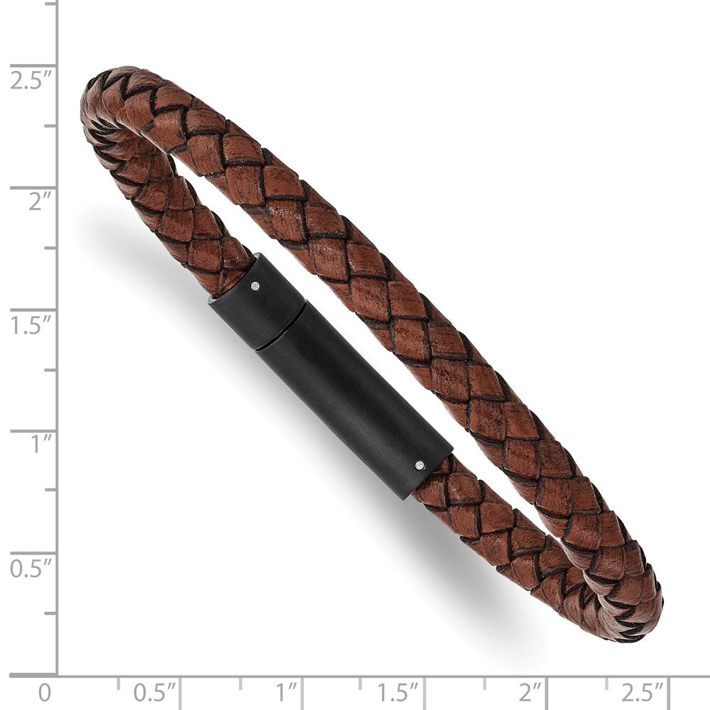 Chisel Stainless Steel Brushed Black IP-plated Brown Braided Leather 8.25 inch Bracelet SRB2816-8.25