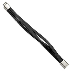 Chisel Stainless Steel Polished Multi Strand Black Leather 8.25 inch Bracelet SRB2828-8.25