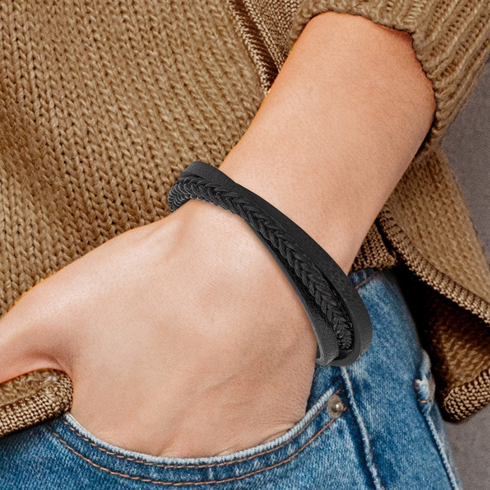 Chisel Stainless Steel Polished Multi Strand Black Leather 8.25 inch Bracelet SRB2828-8.25